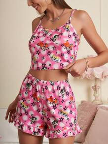 THE POWERPUFF GIRLS X SHEIN 花朵、泡泡、毛茛图案吊带背心和短裤休闲套装 - 彩色 - 查看 4