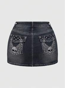 ROMWE Grunge Punk Y2K Vintage Style Women Tight Mini Denim Skirt With Pockets, Rhinestone Skull & Wings Print, Summer Outfits - Grey - View 5