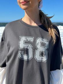 SHEIN EZwear T-Shirt 2 En 1 À Lettres Épaule tombante - Gris - Voir 4