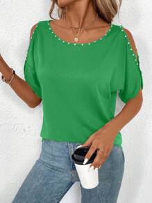 EMERY ROSE Camiseta holgada de cuello redondo con mangas huecas, decoración de rhinestone y unicolor minimalista - Verde - Ver 3