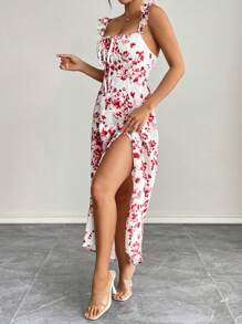 PETITE Vestido largo de mujer con aberturas altas laterales, tirantes con volantes, con fondo blanco y flores azules para vacaciones - Rojo - Ver 5