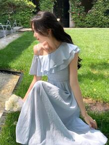 DAZY Abito midi elegante da donna, con scollo asimmetrico, maniche corte, vita arricciata, casual e dolce