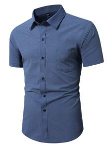 Manfinity Mode Men's All-Over Print Single Breasted Pocket Casual Business Short Sleeve Shirt - Navy Blue - View 6