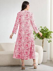 Al Najma Women Floral Print Patchwork Belted Long Sleeve Arabic Dress, Modest - Multicolor - View 2