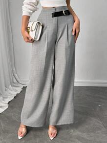 Modelyn 女式优雅单扣前开阔腿直筒裤 - 深灰色 - 查看 4