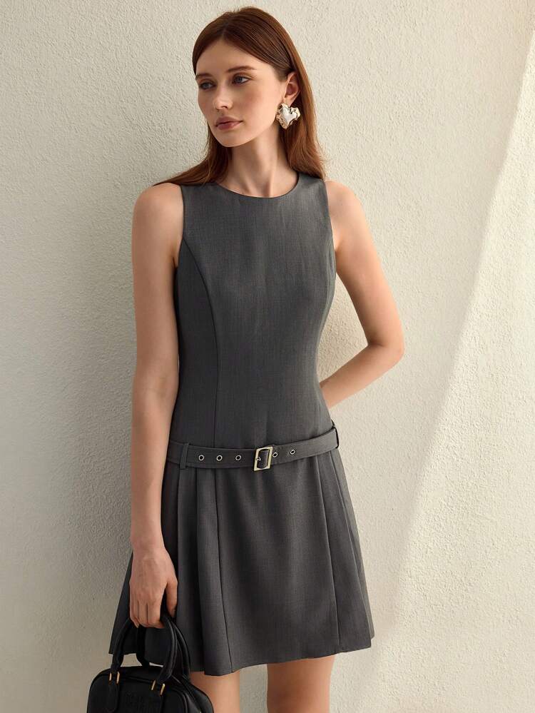MOTF STUDIO BELTED SLEEVELESS PLEATED TANK DRESS