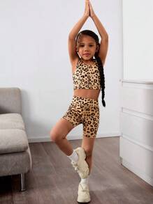 SHEIN 2pcs/Set Toddler Girls Leopard Print Knit Fitted Casual Sleeveless Crop Top And Leopard Knit Shorts Sportswear Set