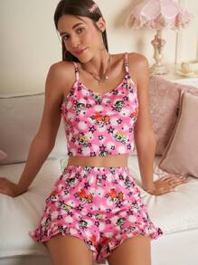 THE POWERPUFF GIRLS X SHEIN 花朵、泡泡、毛茛图案吊带背心和短裤休闲套装 - 彩色 - 查看 7
