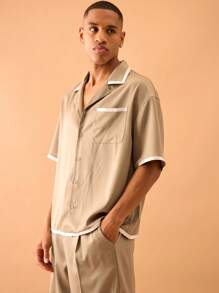 Musero Satin Contrast Binding Button Through Short Sleeve Shirt Only Summer Streetstyle Vacation Smart - Light Grey - View 2