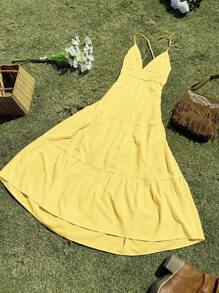 SHEIN EZwear Váy tốt nghiệp mùa hè hở lưng cổ chữ V phong cách Bohemian, màu vàng nhạt - Butter Yellow - Xem 7