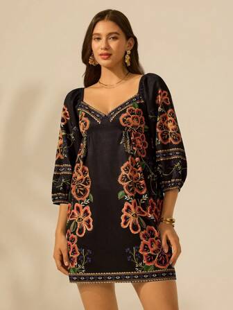 CAJUNI Vestido casual corto de manga linterna negro con estampado floral tropical para mujer