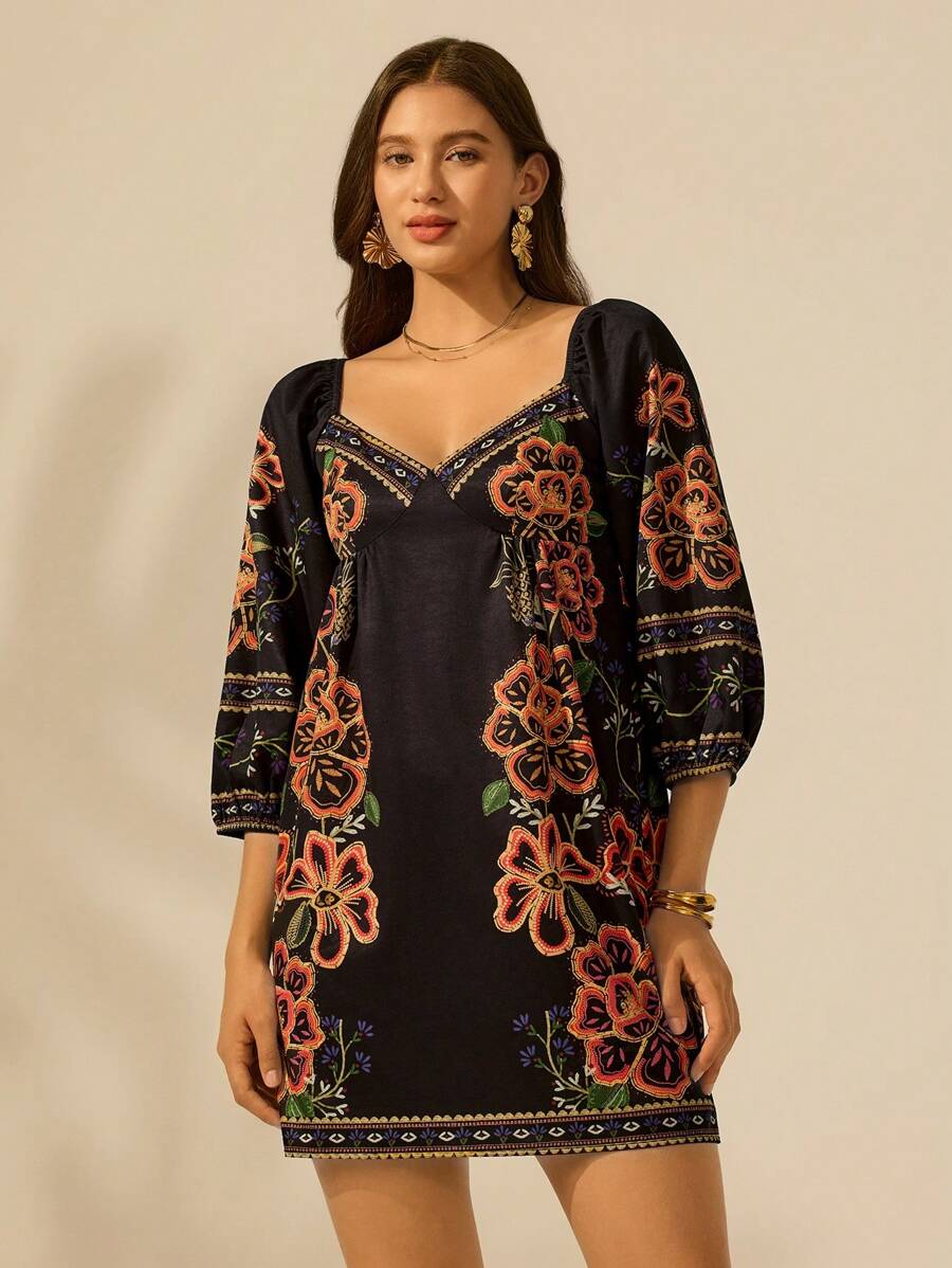 CAJUNI 女式热带花卉印花黑色灯笼袖短款休闲连衣裙 - 黑色 - 查看 1