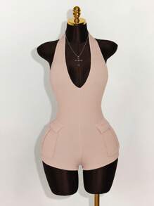 Amplova 深 V 领挂脖纹理面料紧身连衣裤