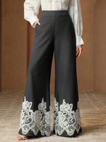 Anewsta Women's High Waisted Modern Commuter Edition Embroidered Pearl Beaded Wide Leg Long Pants - Grey - View 3