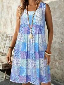 EMERY ROSE 大码休闲拼布印花无袖连衣裙，波西米亚风女装/夏季，女士西装，女士度假装 - 藍色 - 查看 5