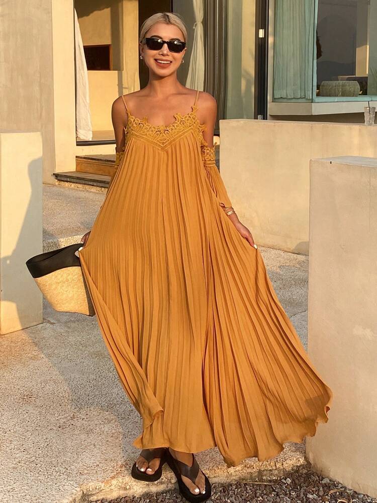 Women's Lace Patchwork Open Shoulder Pleated Midi Dress, Summer,Casual Women Dresses