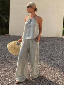 Livesso 2pcs Summer Women's Sets - Striped Halter Top And Long Pants, Fashionable - Grey - View 4