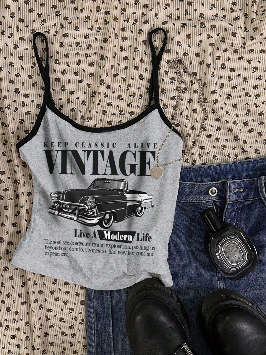Attitoon 女士休闲性感复古汽车印花图案吊带背心紧身黑灰色撞色背心，夏季穿着