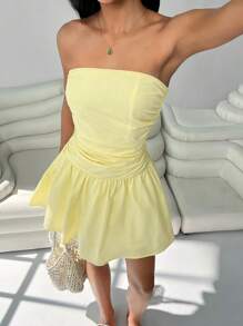 SHEIN EZwear Robe moulante mini plissée froncée sans manches décontractée pour femmes de couleur jaune - Jaune citron - Voir 5