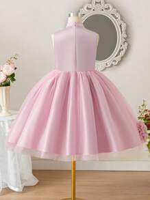 SHEIN Robe en organza sans manches à col debout et décor floral 3D pour jeunes filles - Rose bonbon - Voir 9