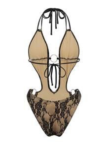 Swim SXY 女士夏季紧身度假性感连体黑色蕾丝露背优雅沙滩泳衣 - 黑色 - 查看 5