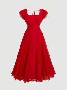 SHEIN MOD Đầm tay ngắn màu xanh lá cây cỡ lớn có eo - Đỏ - Xem 1