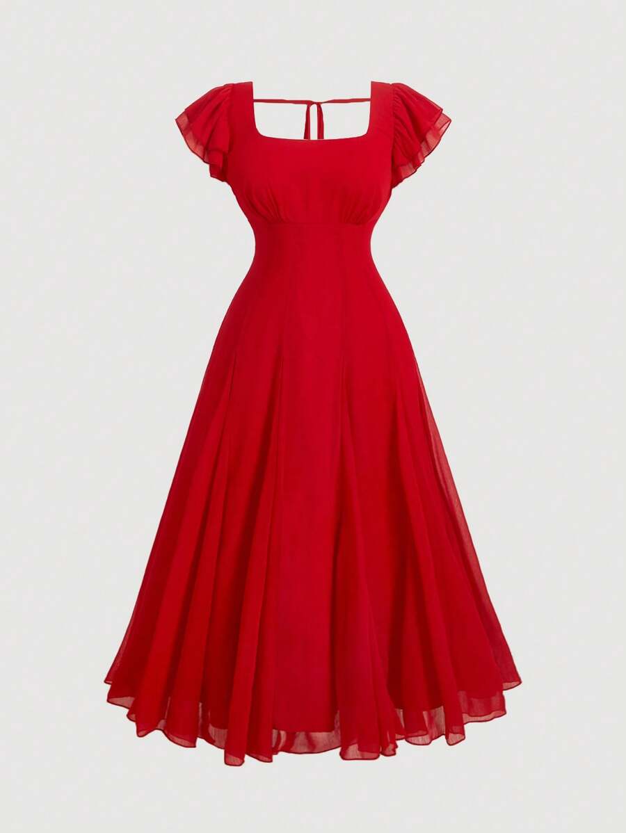 SHEIN MOD Đầm tay ngắn màu xanh lá cây cỡ lớn có eo - Đỏ - Xem 1