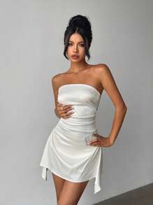 Aloruh Abito elegante da donna estivo senza maniche, monocolore, plissettato, con spalle scoperte