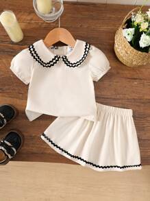 2 pièces Ensemble Top à col contrasté et jupe pour bébé fille, style casual preppy mignon, convient pour l'été, les vacances et les voyages - Multicolore - Voir 1
