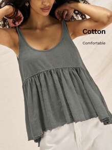 Easelle Summer Knit Vintage Washed Patchwork A-Line Tank Top - Grey - View 2