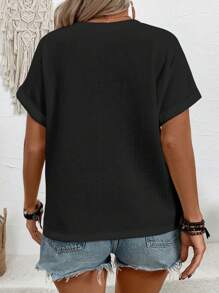 SHEIN Plus Size Women New Fashion Casual V-Neck Button Loose Raglan Short Sleeve T-Shirt