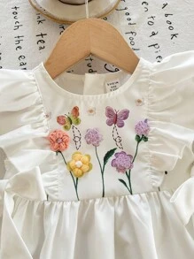 LMoss Kids 女婴花卉图案荷叶边领休闲针织连衣裙 - 白色 - 查看 4