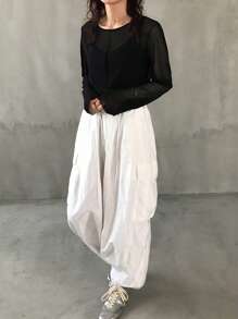 FRIFUL 女士圆领吊带背心，修身透视长袖女上衣，秋季女装 - 黑色 - 查看 2