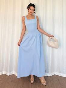 SHEIN Clasi Women's Elegant Summer Light Blue Tea Party Dress, Backless Boho Square Neck Sleeveless Long Dress With Tie Waist&Side Split For Vacation - Blue - View 4