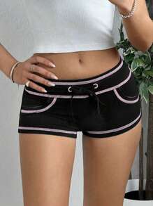 SHEIN EZwear Ladies' Colorblock Drawstring Shorts With Outer Seam Detail For Daily Wear