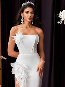 Glamrae Elegant White Glossy Elastic Satin Tube With Fishbone Strips, Romantic 3D Three-Dimensional Floral Fishtail High Slit, Suitable For Graduation And Homecoming Season Wedding Events And Gift-Giving Parties, Light Wedding Dresses For Brides, Heavy-Duty Evening Dresses, Formal, Party Dress, Gown, For Wedding Guest - White - View 6