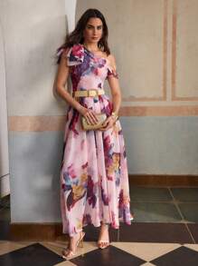 ZEYLAH Romantic Elegant One Shoulder Bowknot & Floral Print Waist Cinched Maxi Dress, Spring And Summer - Multicolor - View 8