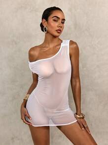 SHEIN Swim Women Asymmetric Neckline Ruched Knot Short Dress - White - View 3