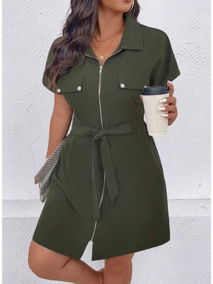 SHEIN LUNE Plus Size Women's Zipper Rivet Decorated Splice Wind Short Sleeve Shirt Dress - Green - View 1