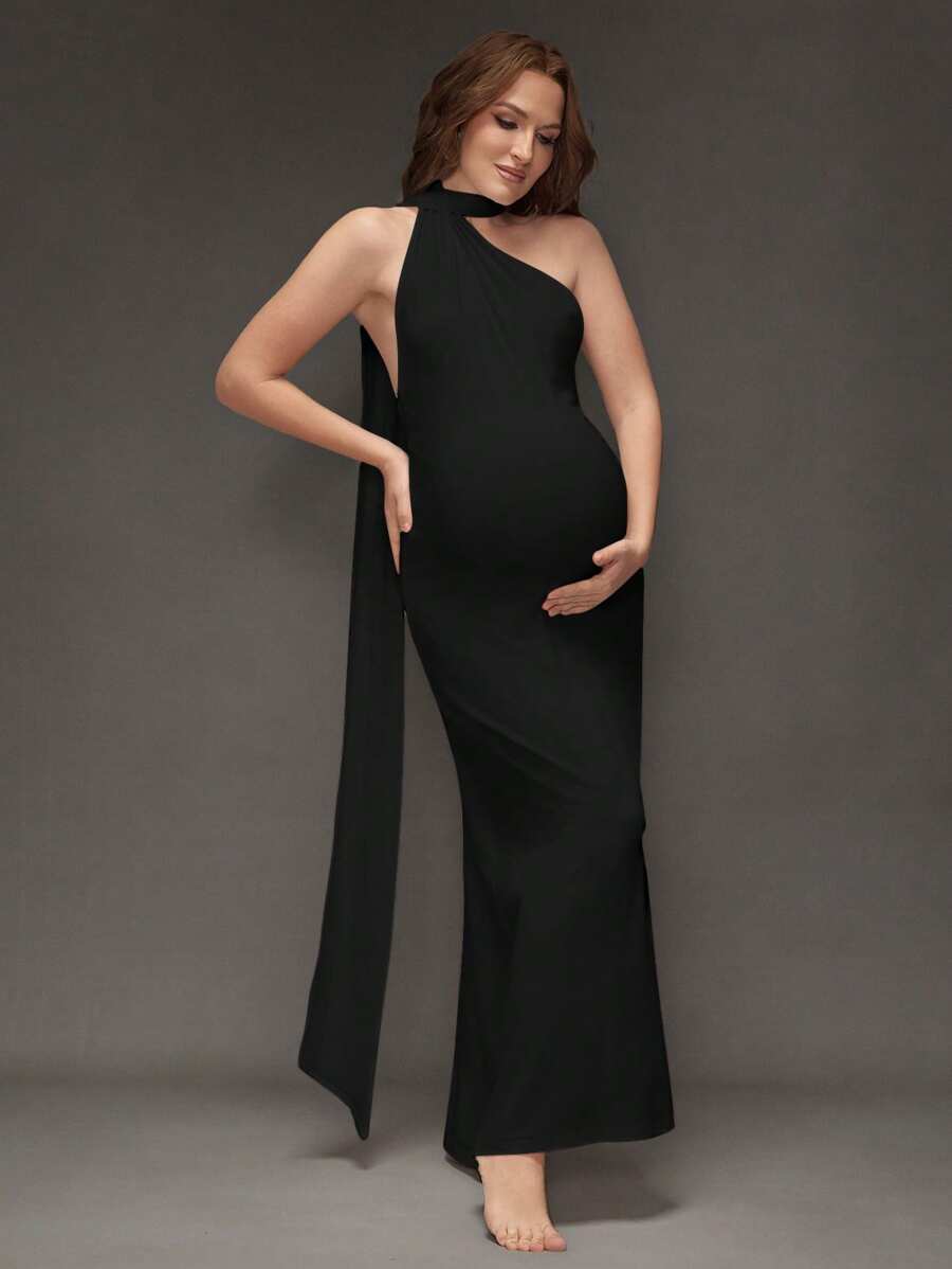 SHEIN Solid Color Long Slim-Fit Maternity Gown With Tie Back For Photoshoot - Black - View 1