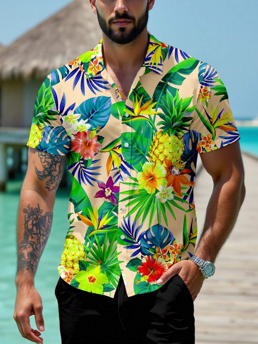 Manfinity RSRT Men's Colorful Allover Print Short Sleeve Open Collar Casual Shirts, Summer - Multicolor - View 1