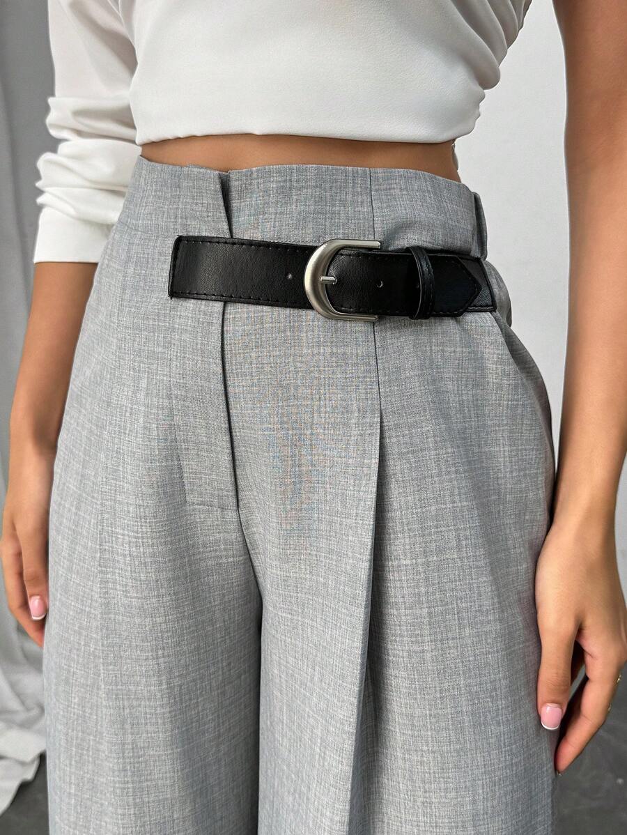 Modelyn 女式优雅单扣前开阔腿直筒裤 - 深灰色 - 查看 1