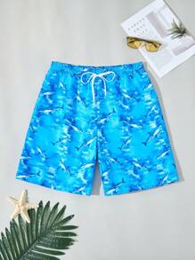 Men's Summer Shark Printed Woven Beach Shorts, Daddy And Me Matching Outfits (2 Pieces Sold Separately)