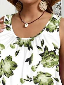 EMERY ROSE Plus Size Loose Pleated Festival Style Music Festival Mother's Day Green Floral Geometric Print Top For Spring And Summer For Women's Concert Clothing Suitable For Going Out,Flower/Vacation - Green - View 6