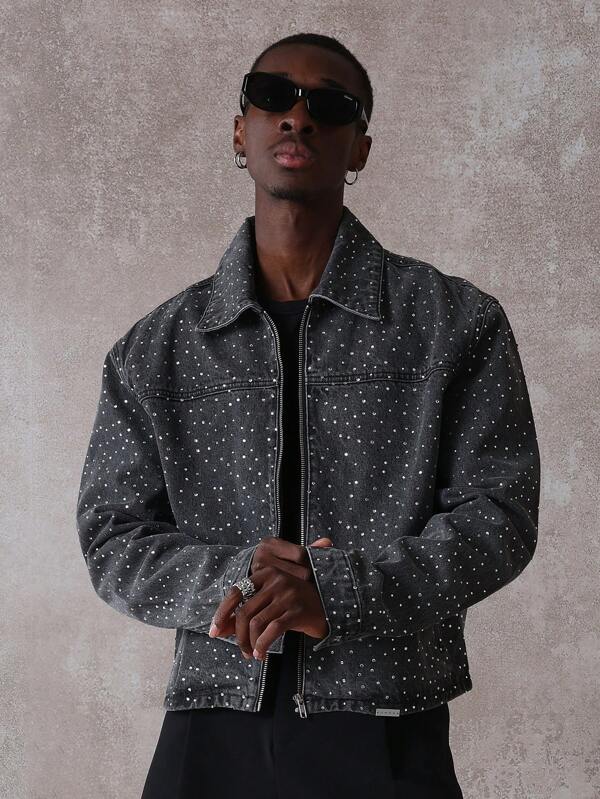 SUMWON Funkelnde Denim Jacke Designer Kollektion mit kristallverzierten dunkle Winter Mode Statement Jacke mit Reißverschluss Kragen, urbaner Straßen Stil