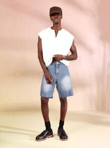 SUMWON Quần short denim Bermuda thời trang viền thô, viền chưa hoàn thiện, thiết kế cổ điển, thời trang đường phố, thường ngày, mùa hè, mùa xuân, phong cách rách rưới - Màu xanh lam - Xem 3