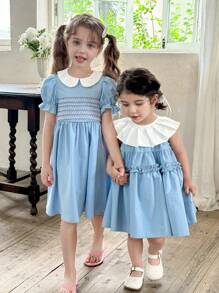 LMoss Kids LMoss  Baby Girl Woven Color Block Crew Neck Sleeveless Fitted Casual Dress  Setsisters Outfit - Blue - View 6