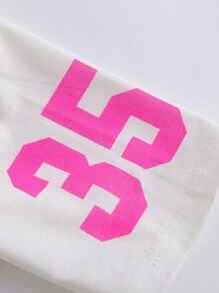 2pcs/Set Girls Street Sport Team T-Shirt + Bow-Decor Rib-Knit Pants, Sport Outfit - White - View 3