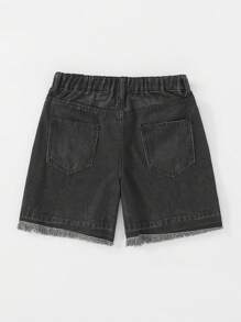 Tween Boy Lightweight Denim Shorts With Trash Punk Chain Print Pattern, Summer 2025 Collection, Suitable For Spring/Summer Festival, Beach, Casual Daily Wear - Black - View 2