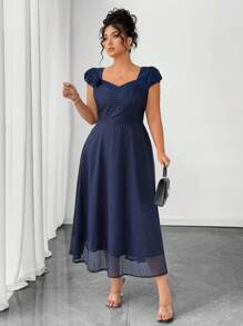 SHEIN LUNE Plus Size Solid Color Elegant Dress With 3D Floral Sweetheart Neck Decor - Black - View 4